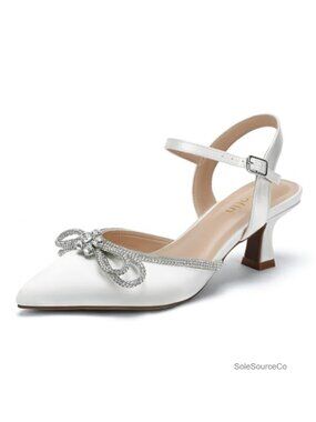 Wide Width Satin Kitten Heels Rhinestone Bow Pointed Toe Ankle Strap